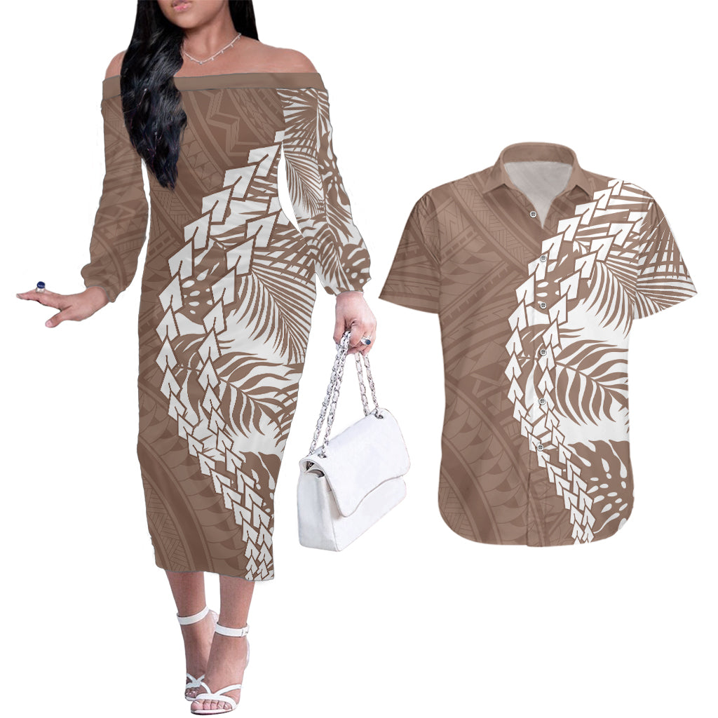 Polynesian Pride Couples Matching Off The Shoulder Long Sleeve Dress and Hawaiian Shirt Polynesia Tribal - Tropical Brown LT7 - Wonder Print Shop