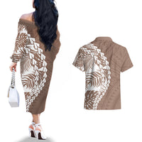 Polynesian Pride Couples Matching Off The Shoulder Long Sleeve Dress and Hawaiian Shirt Polynesia Tribal - Tropical Brown LT7 - Wonder Print Shop