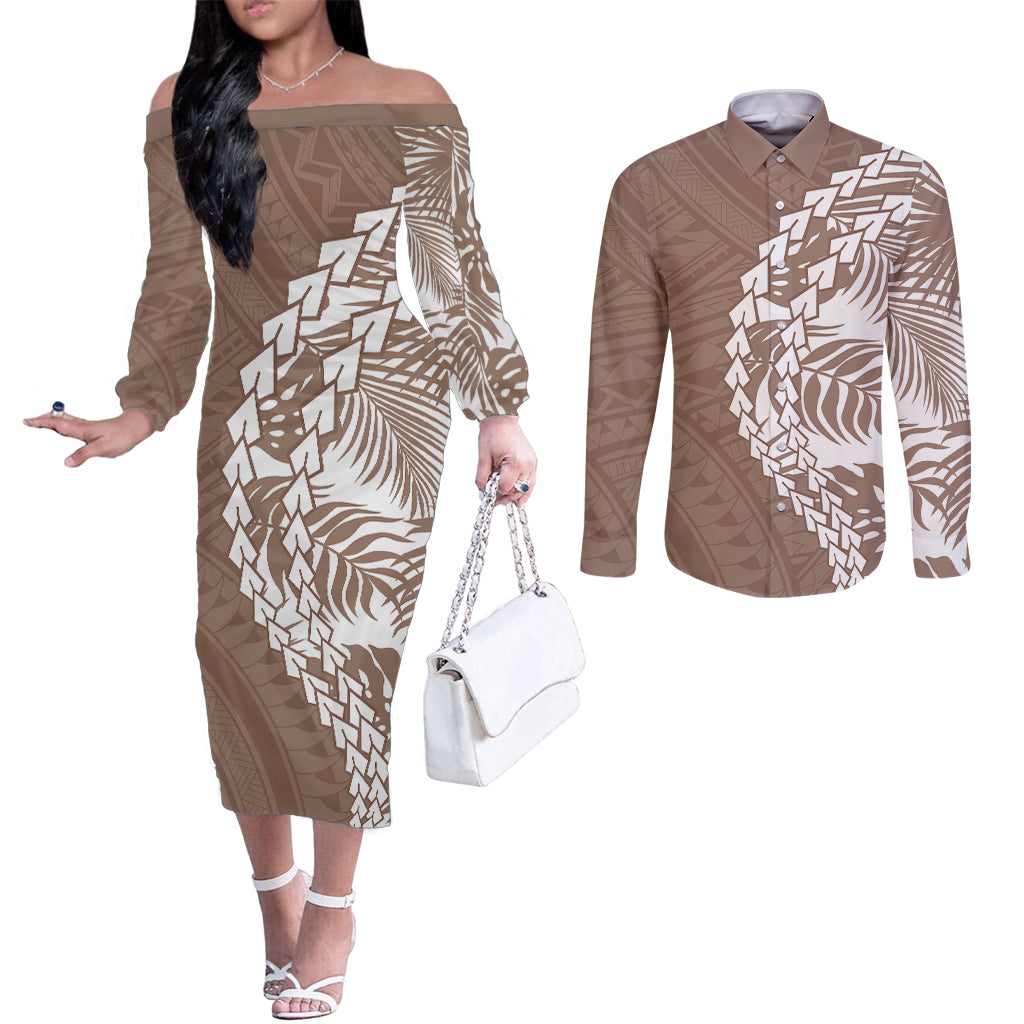 polynesian-pride-couples-matching-off-the-shoulder-long-sleeve-dress-and-long-sleeve-button-shirts-polynesia-tribal-tropical-brown