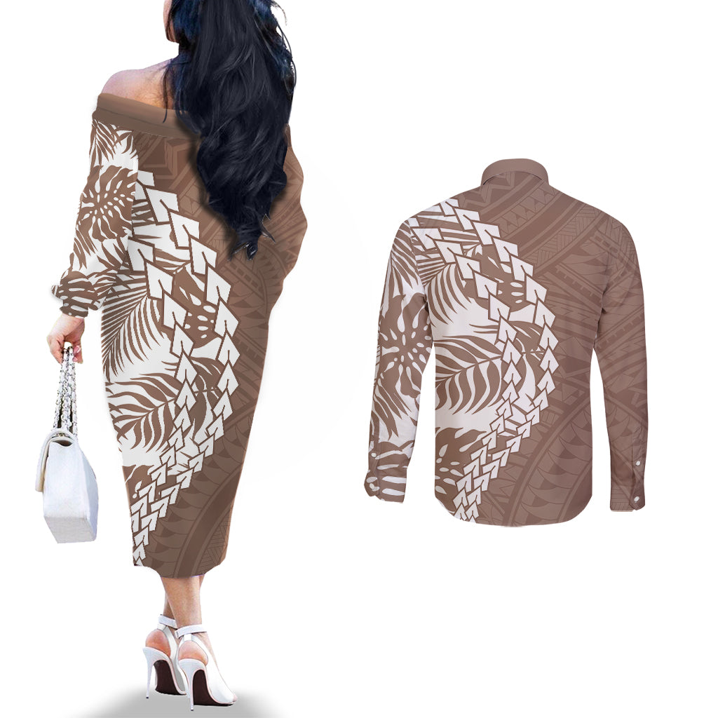 Brown long-sleeve dress and matching button shirt set, back view with tribal print