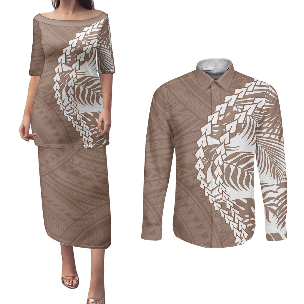 Polynesian Pride Couples Matching Puletasi Dress and Long Sleeve Button Shirts Polynesia Tribal - Tropical Brown LT7 - Wonder Print Shop