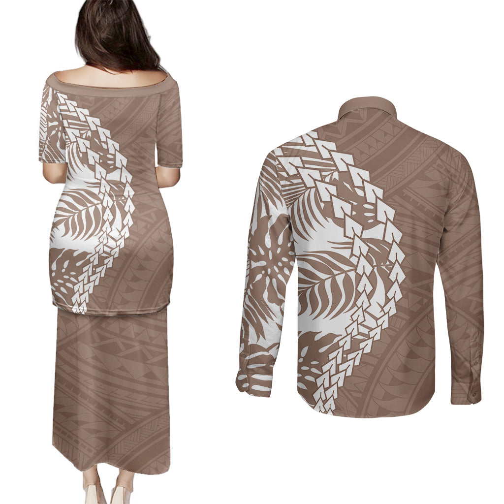 Polynesian Pride Couples Matching Puletasi Dress and Long Sleeve Button Shirts Polynesia Tribal - Tropical Brown LT7 - Wonder Print Shop