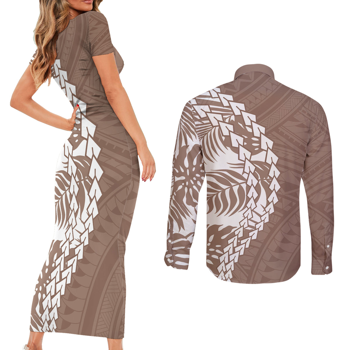 Polynesian Pride Couples Matching Short Sleeve Bodycon Dress and Long Sleeve Button Shirts Polynesia Tribal - Tropical Brown LT7 - Wonder Print Shop