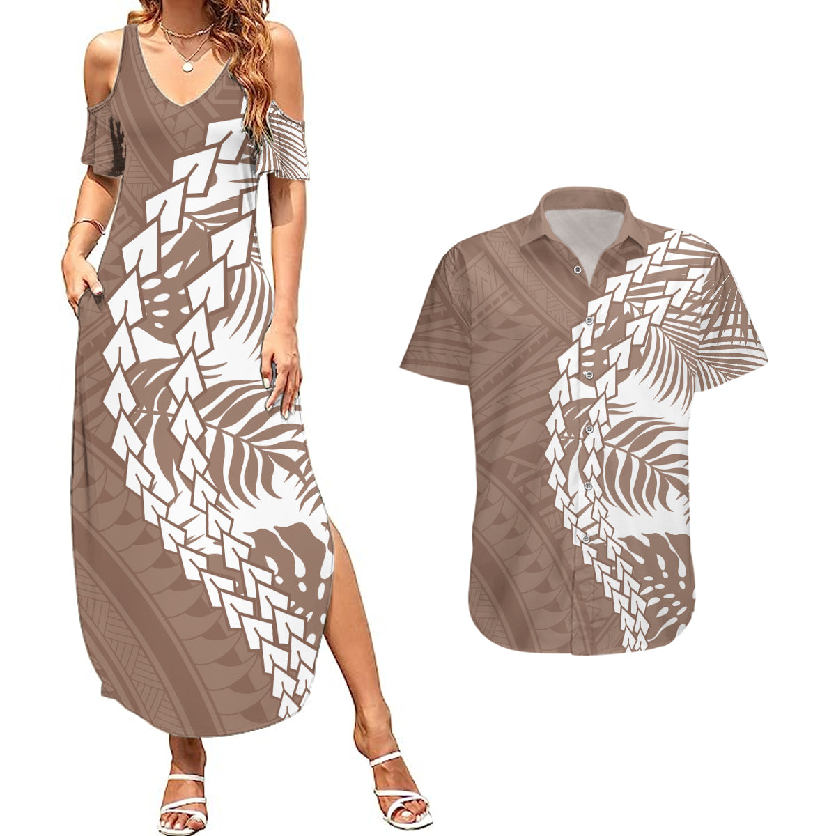 Polynesian Pride Couples Matching Summer Maxi Dress and Hawaiian Shirt Polynesia Tribal - Tropical Brown LT7 - Wonder Print Shop