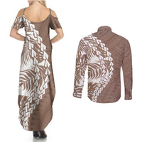 Polynesian Pride Couples Matching Summer Maxi Dress and Long Sleeve Button Shirts Polynesia Tribal - Tropical Brown LT7 - Wonder Print Shop
