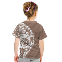Kids brown T-shirt with white tribal graphic on back, short sleeves