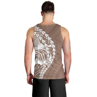 Men's brown tank top, back view, white tribal graphic across shoulders