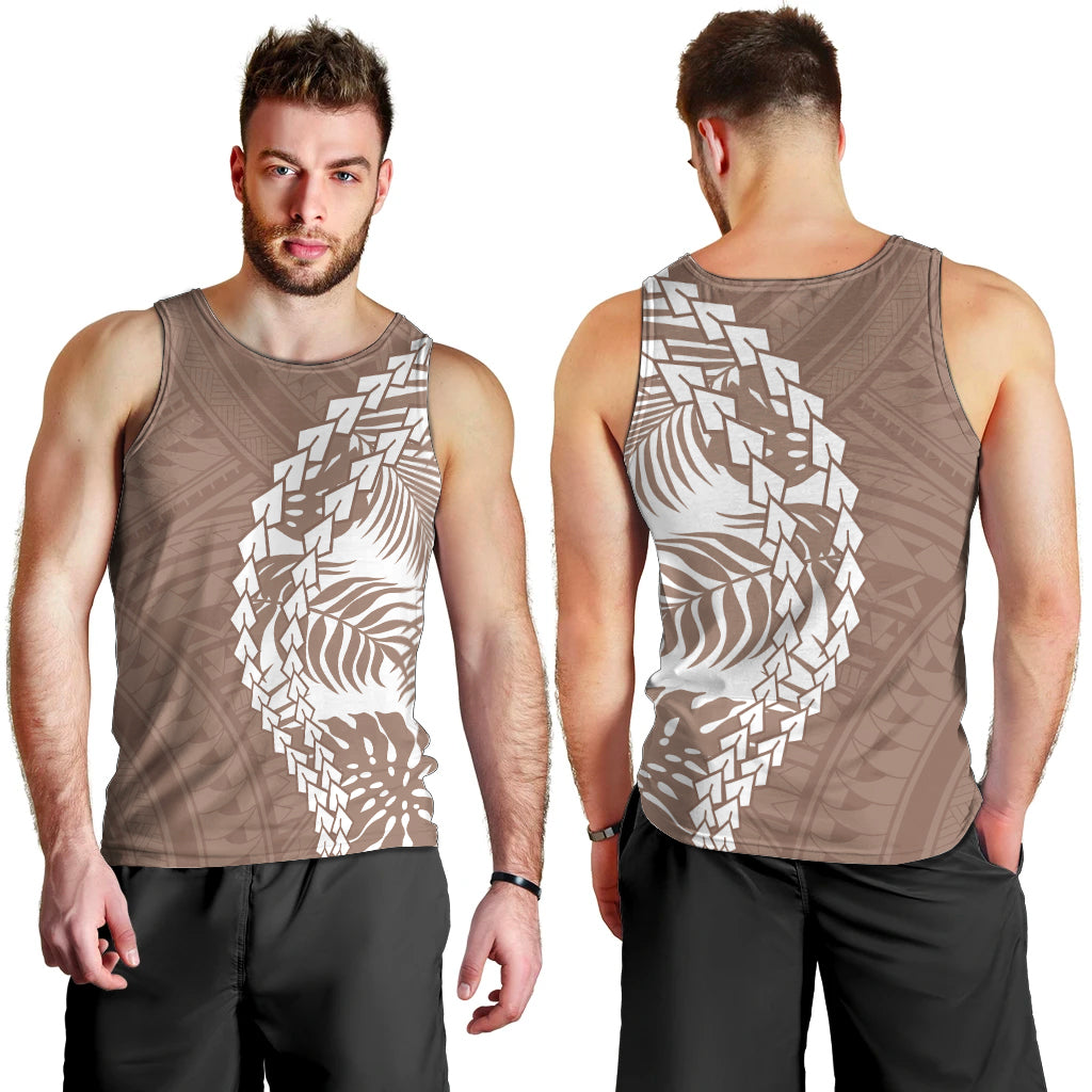 Brown tank top with white tribal print shown front and back on model