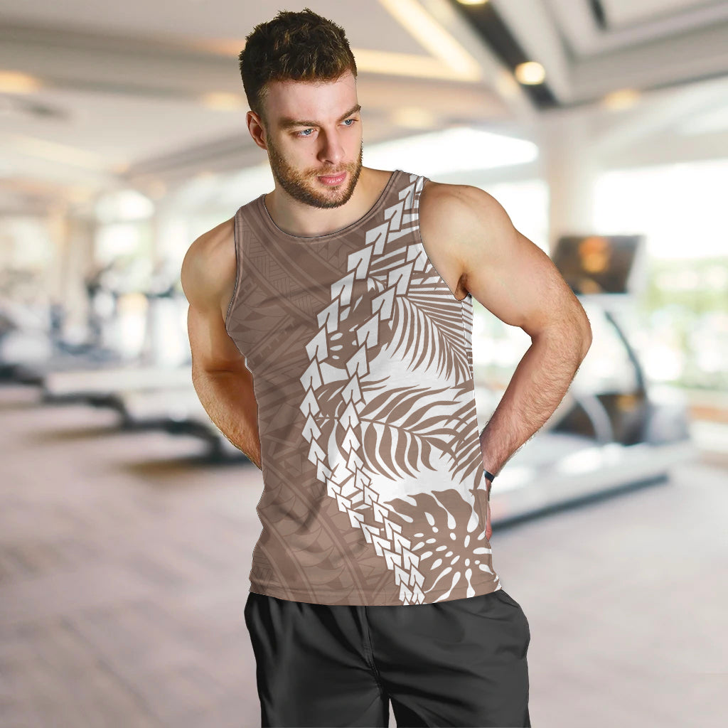 Brown tank top with white tropical tribal print on gym model