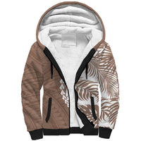 Unisex brown sherpa hoodie with white tribal print, full zip, hood lining, drawstrings