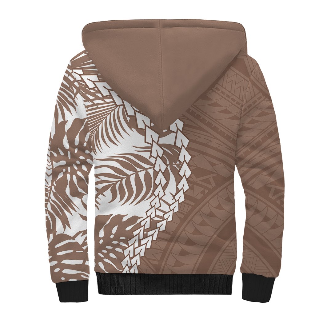 Unisex brown sherpa hoodie with white tropical tribal print, full zip, hood, ribbed cuffs