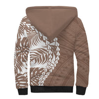Unisex brown sherpa hoodie with white tropical tribal print, full zip, hood, ribbed cuffs