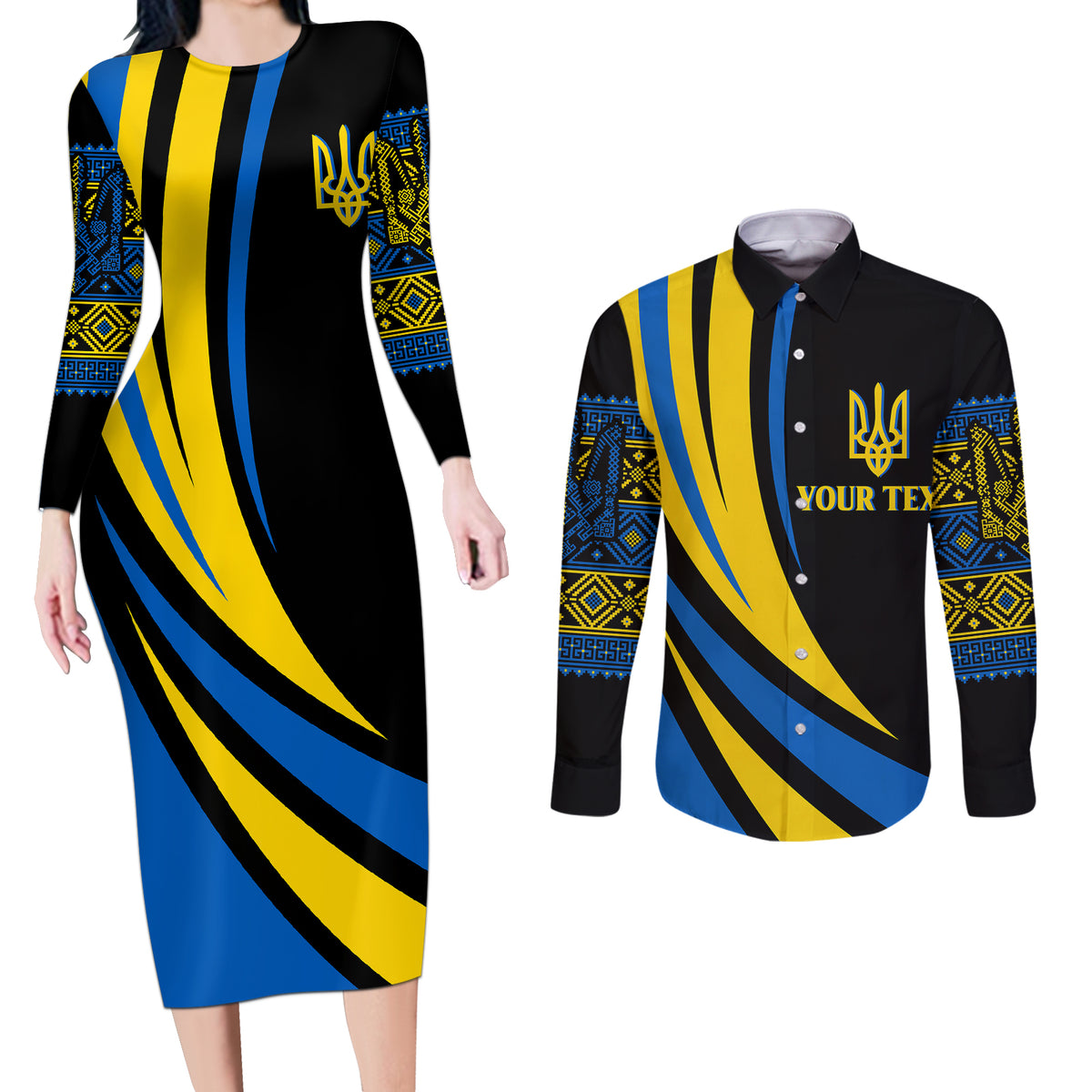 Ukraine Couples Matching Long Sleeve Bodycon Dress and Long Sleeve Button Shirts Independence Slava Ukraini "Battle Angel" LT7 - Wonder Print Shop