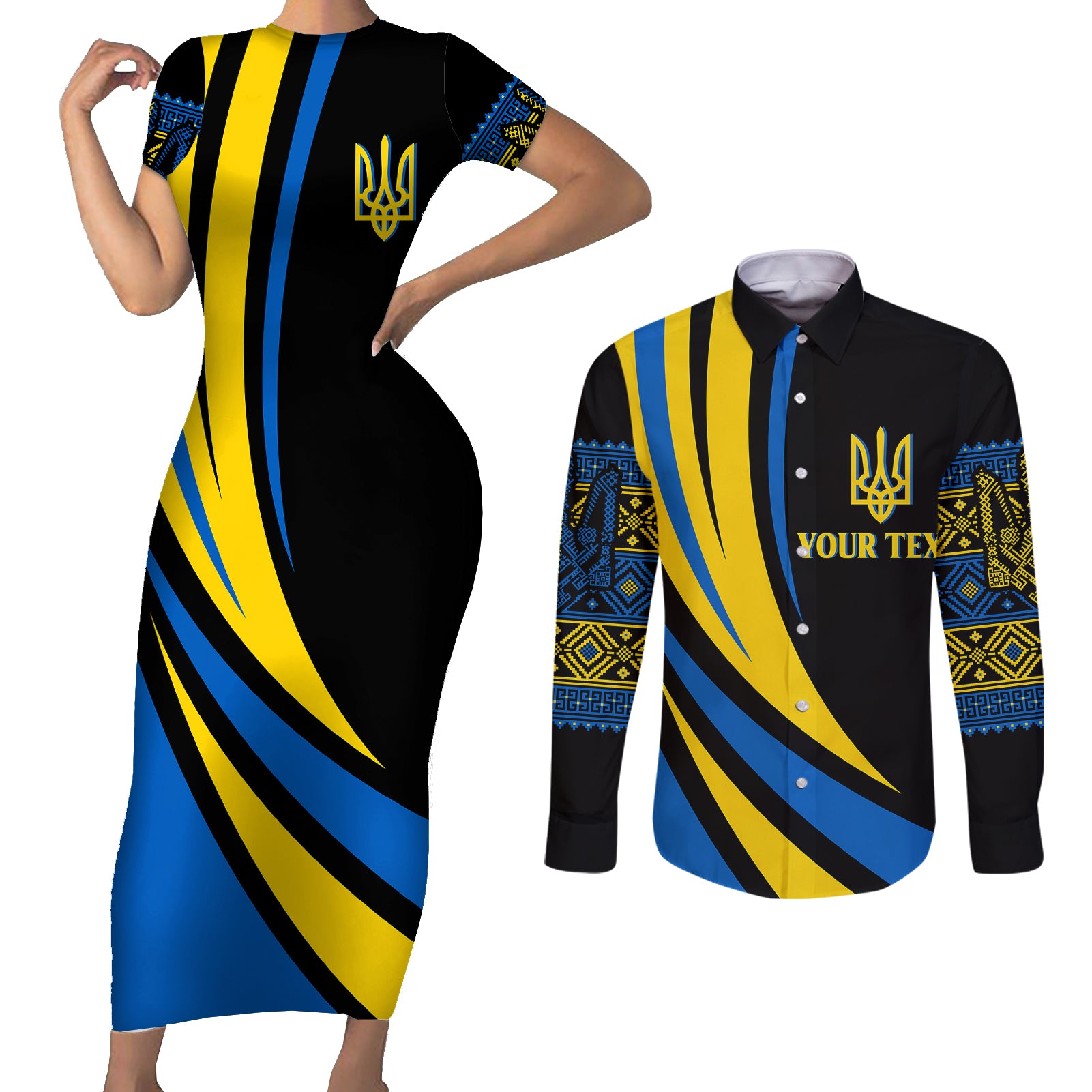 personalised-ukraine-couples-matching-short-sleeve-bodycon-dress-and-long-sleeve-button-shirts-independence-slava-ukraini-battle-angel