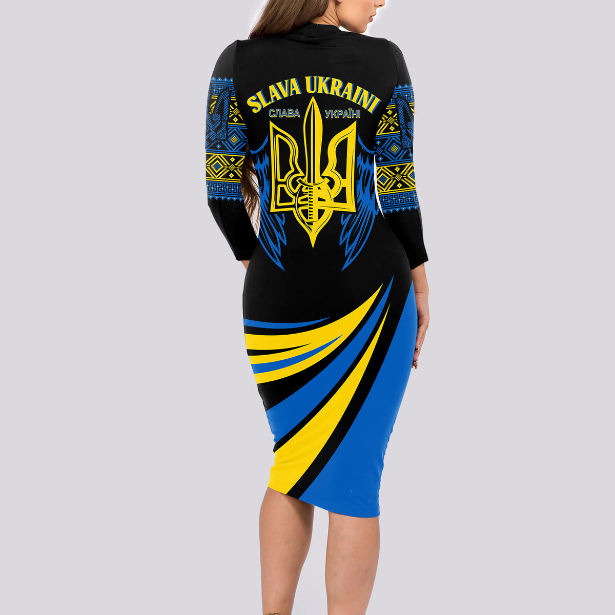 Ukraine Long Sleeve Bodycon Dress Independence Slava Ukraini "Battle Angel" - Wonder Print Shop