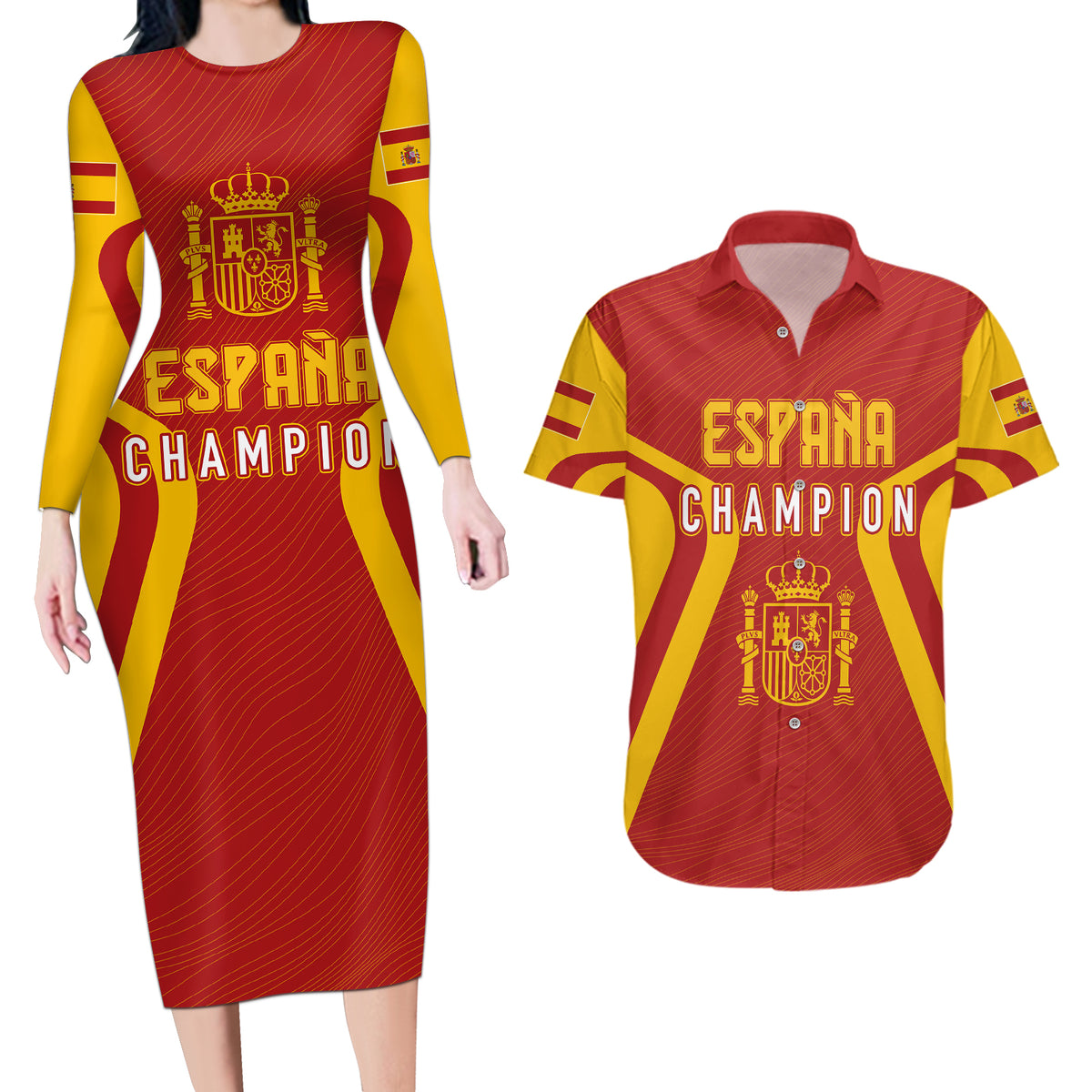 Personalised Spain Football Couples Matching Long Sleeve Bodycon Dress and Hawaiian Shirt World Cup Campeona 2023 La Roja LT7 - Wonder Print Shop