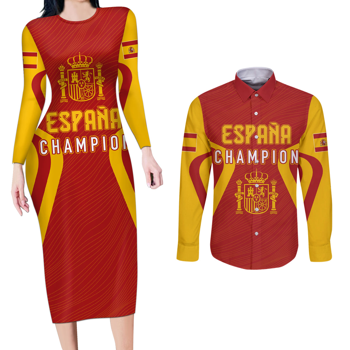 Personalised Spain Football Couples Matching Long Sleeve Bodycon Dress and Long Sleeve Button Shirts World Cup Campeona 2023 La Roja LT7 - Wonder Print Shop