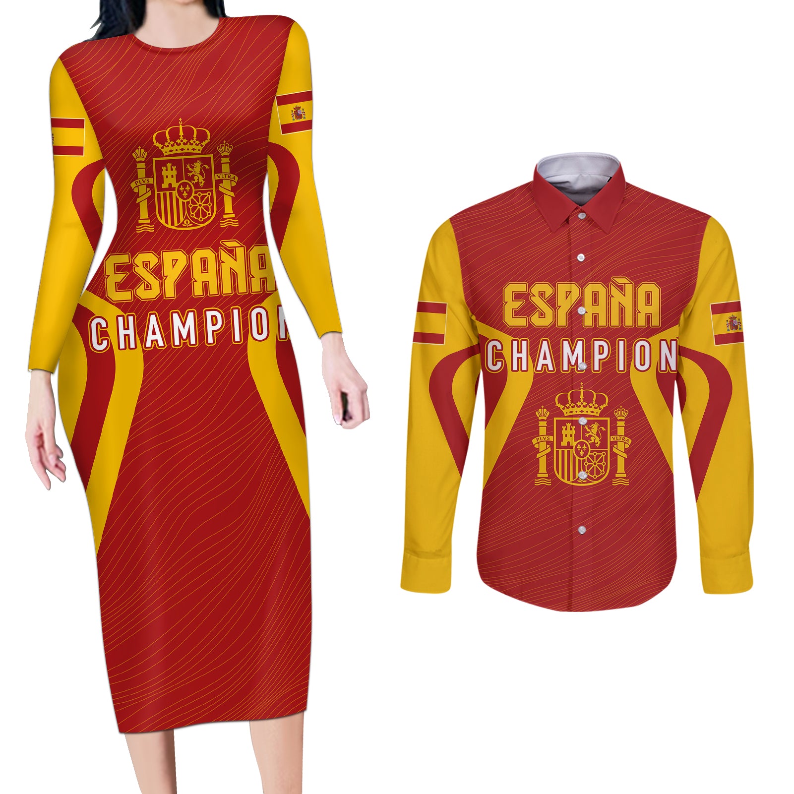personalised-spain-football-couples-matching-long-sleeve-bodycon-dress-and-long-sleeve-button-shirts-world-cup-campeona-2023-la-roja