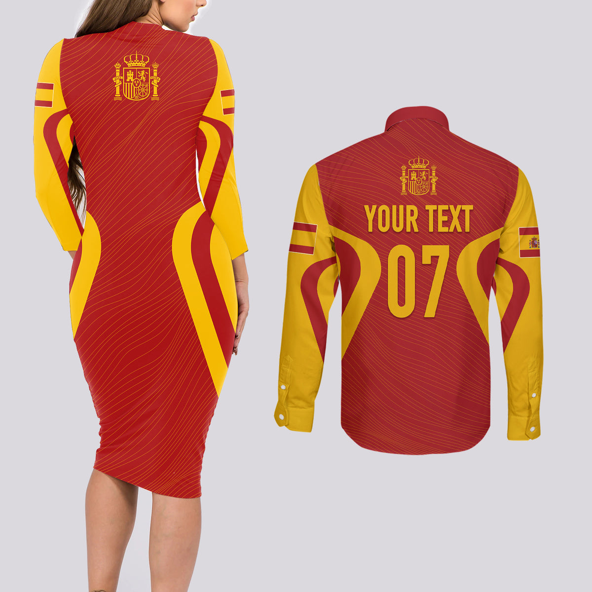 Personalised Spain Football Couples Matching Long Sleeve Bodycon Dress and Long Sleeve Button Shirts World Cup Campeona 2023 La Roja LT7 - Wonder Print Shop