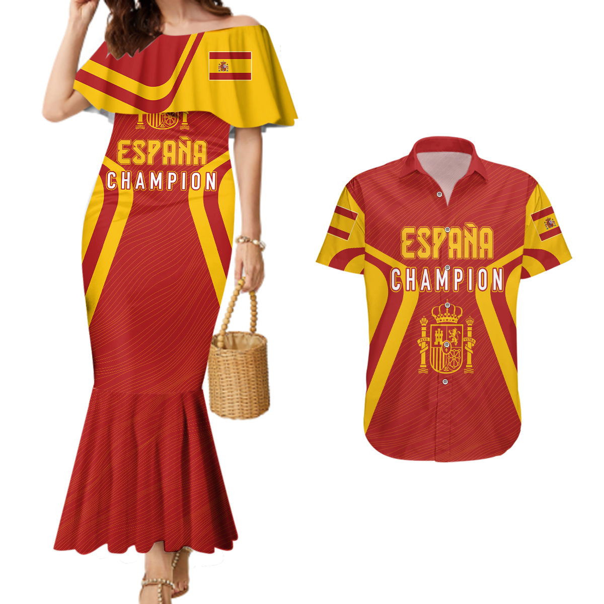 personalised-spain-football-couples-matching-mermaid-dress-and-hawaiian-shirt-world-cup-campeona-2023-la-roja