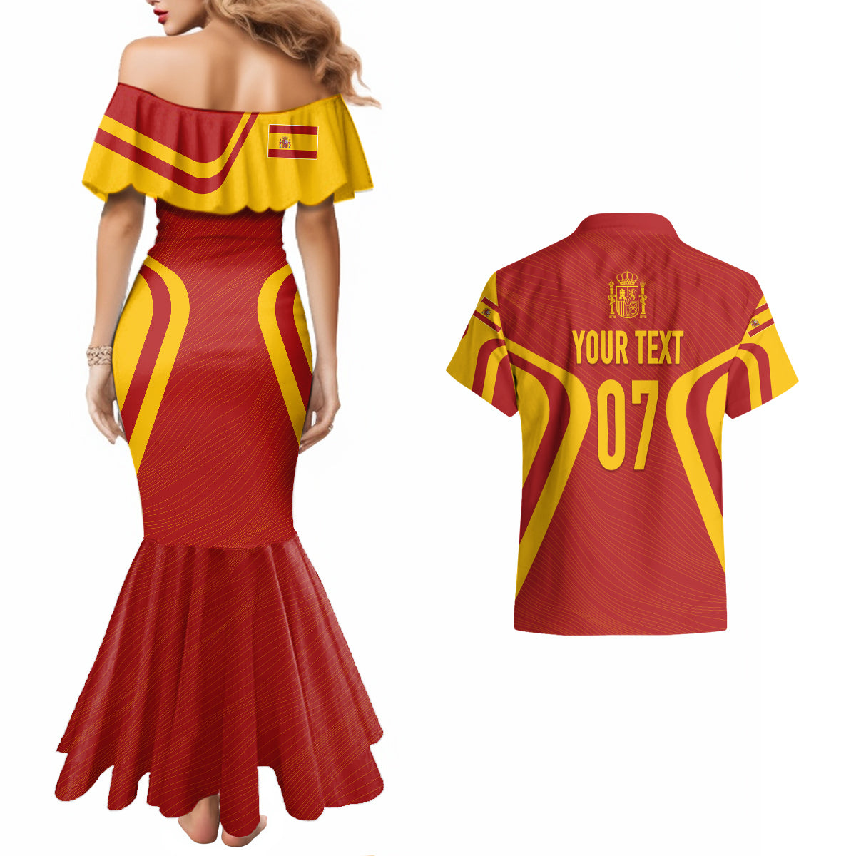 Personalised Spain Football Couples Matching Mermaid Dress and Hawaiian Shirt World Cup Campeona 2023 La Roja LT7 - Wonder Print Shop
