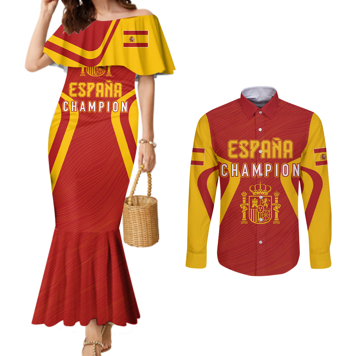 personalised-spain-football-couples-matching-mermaid-dress-and-long-sleeve-button-shirts-world-cup-campeona-2023-la-roja