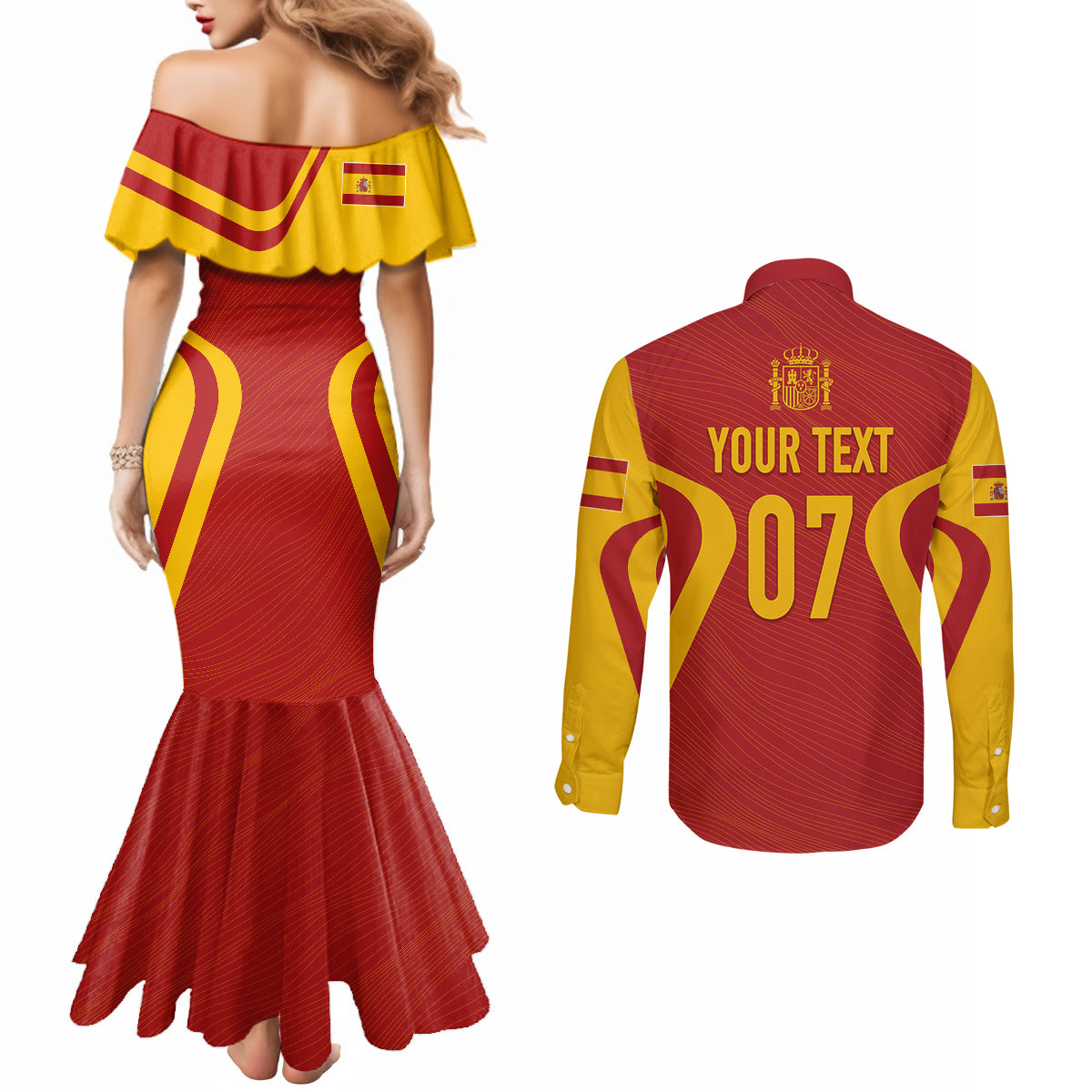 personalised-spain-football-couples-matching-mermaid-dress-and-long-sleeve-button-shirts-world-cup-campeona-2023-la-roja