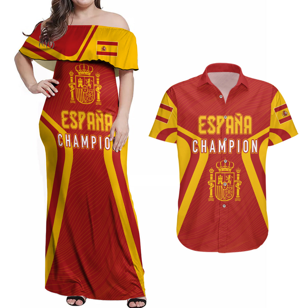 personalised-spain-football-couples-matching-off-shoulder-maxi-dress-and-hawaiian-shirt-world-cup-campeona-2023-la-roja