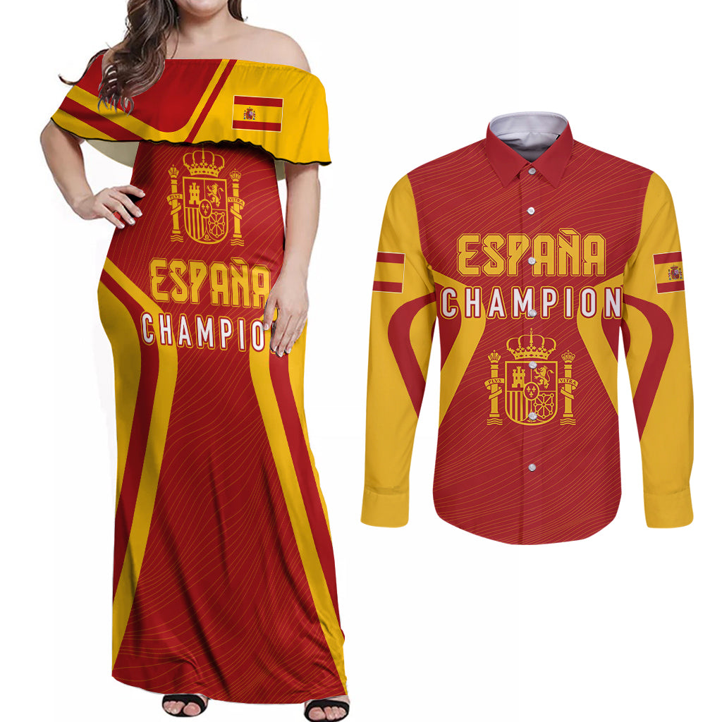 Personalised Spain Football Couples Matching Off Shoulder Maxi Dress and Long Sleeve Button Shirts World Cup Campeona 2023 La Roja LT7 - Wonder Print Shop