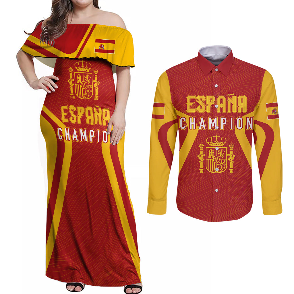 personalised-spain-football-couples-matching-off-shoulder-maxi-dress-and-long-sleeve-button-shirts-world-cup-campeona-2023-la-roja