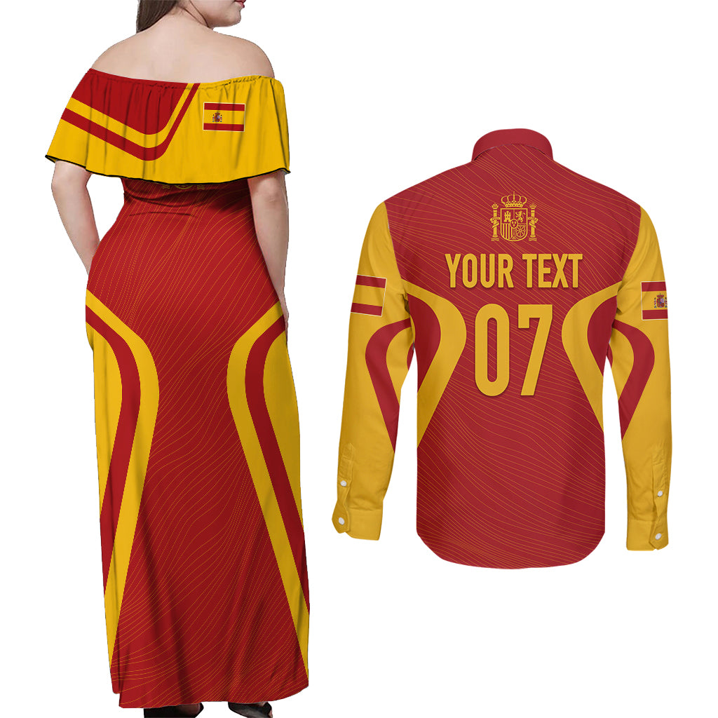 Personalised Spain Football Couples Matching Off Shoulder Maxi Dress and Long Sleeve Button Shirts World Cup Campeona 2023 La Roja LT7 - Wonder Print Shop
