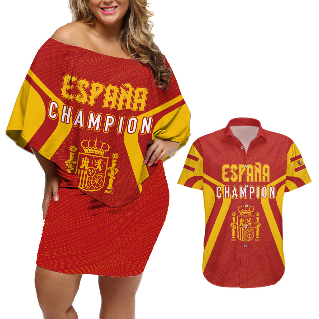 personalised-spain-football-couples-matching-off-shoulder-short-dress-and-hawaiian-shirt-world-cup-campeona-2023-la-roja