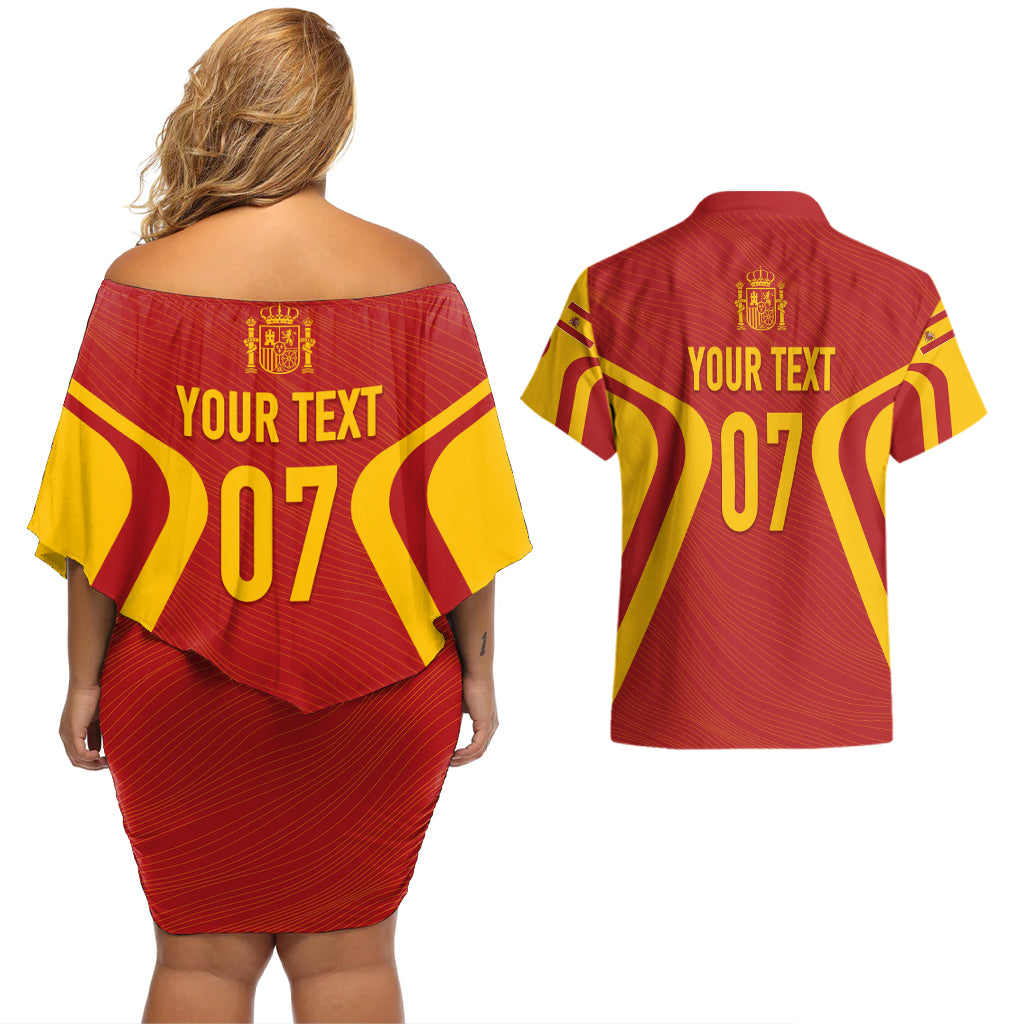 Personalised Spain Football Couples Matching Off Shoulder Short Dress and Hawaiian Shirt World Cup Campeona 2023 La Roja LT7 - Wonder Print Shop