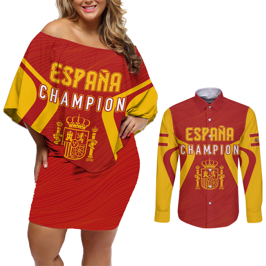 personalised-spain-football-couples-matching-off-shoulder-short-dress-and-long-sleeve-button-shirts-world-cup-campeona-2023-la-roja