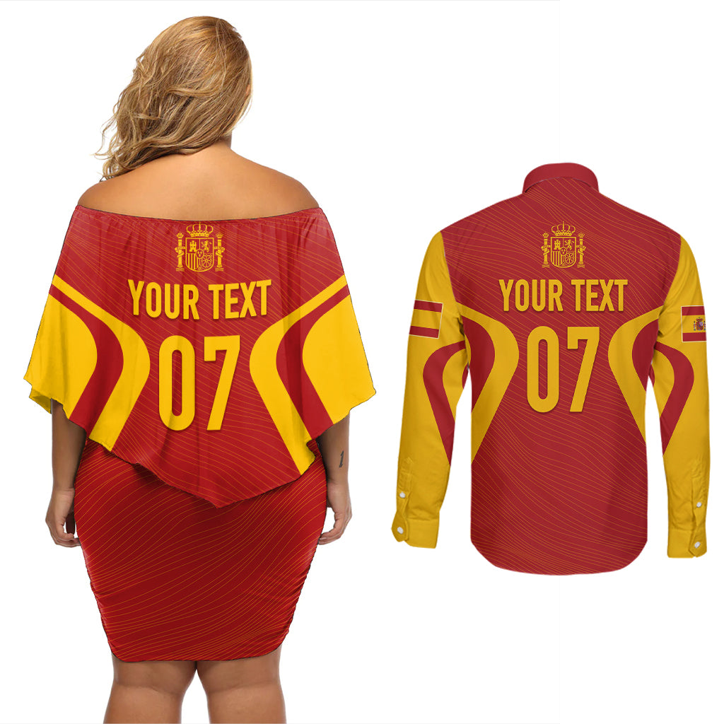 Personalised Spain Football Couples Matching Off Shoulder Short Dress and Long Sleeve Button Shirts World Cup Campeona 2023 La Roja LT7 - Wonder Print Shop