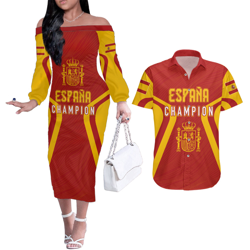 Personalised Spain Football Couples Matching Off The Shoulder Long Sleeve Dress and Hawaiian Shirt World Cup Campeona 2023 La Roja LT7 - Wonder Print Shop