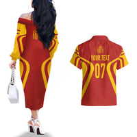 Personalised Spain Football Couples Matching Off The Shoulder Long Sleeve Dress and Hawaiian Shirt World Cup Campeona 2023 La Roja LT7 - Wonder Print Shop