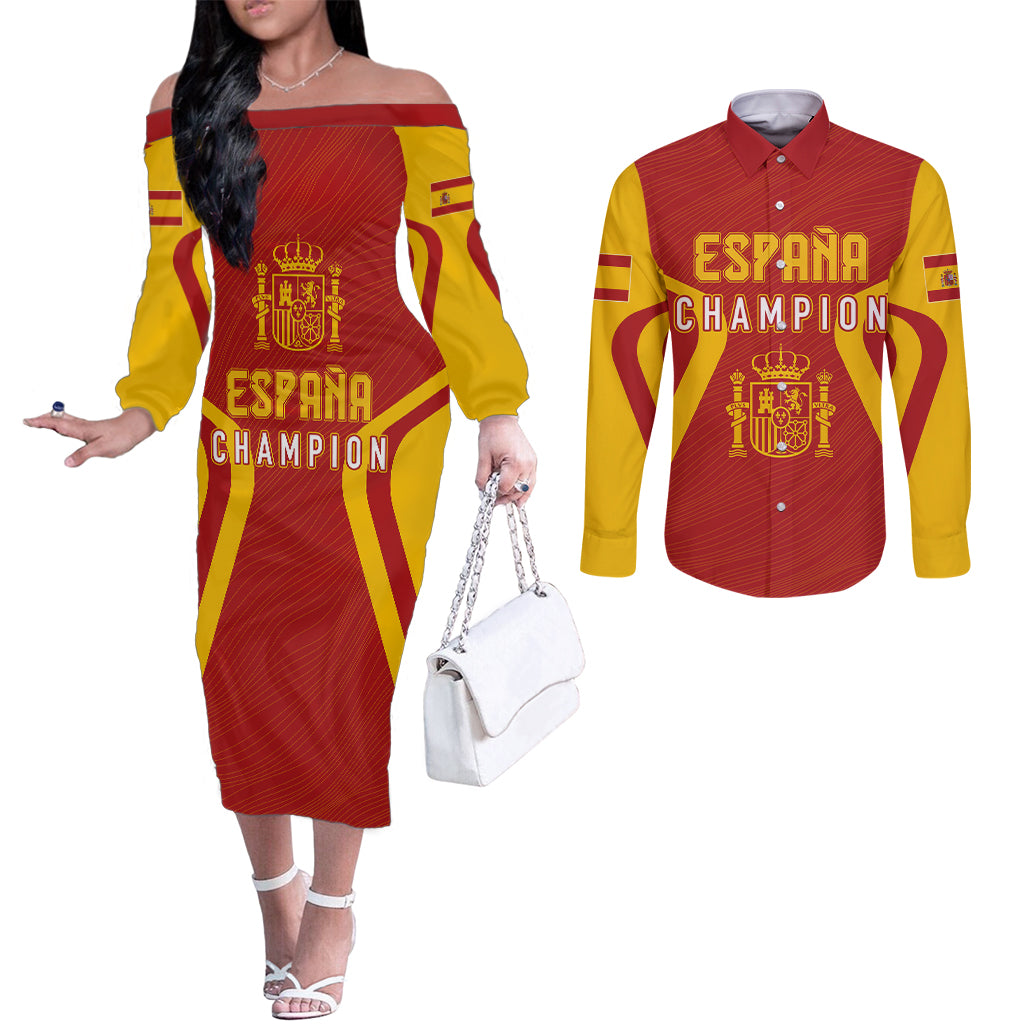 personalised-spain-football-couples-matching-off-the-shoulder-long-sleeve-dress-and-long-sleeve-button-shirts-world-cup-campeona-2023-la-roja