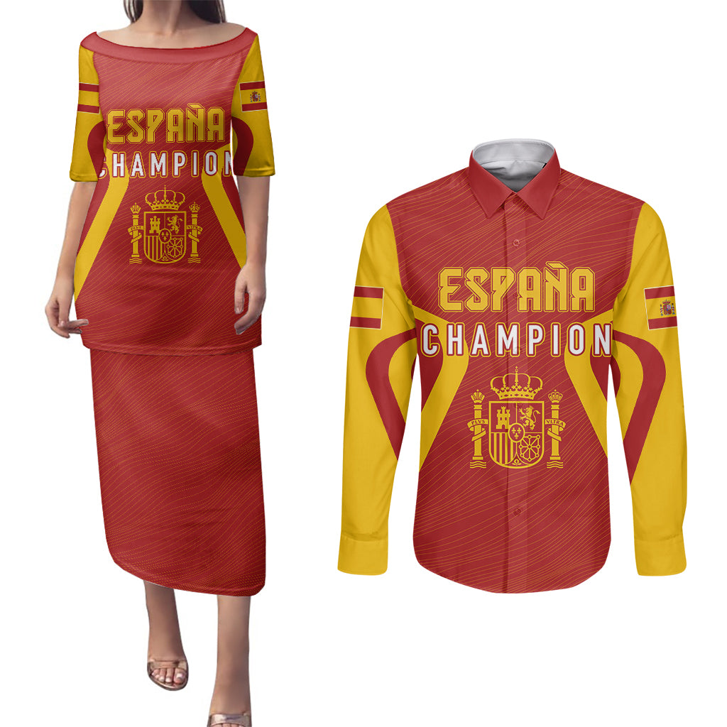 Personalised Spain Football Couples Matching Puletasi Dress and Long Sleeve Button Shirts World Cup Campeona 2023 La Roja LT7 - Wonder Print Shop
