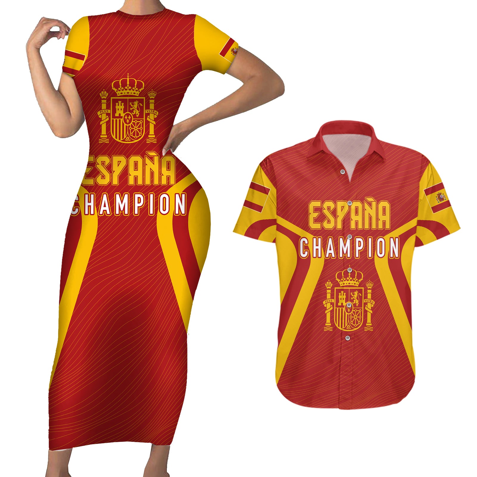 personalised-spain-football-couples-matching-short-sleeve-bodycon-dress-and-hawaiian-shirt-world-cup-campeona-2023-la-roja