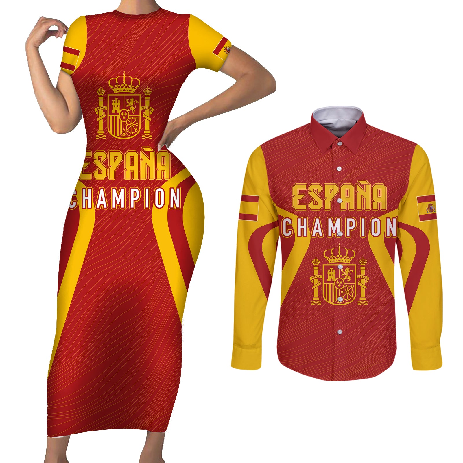 personalised-spain-football-couples-matching-short-sleeve-bodycon-dress-and-long-sleeve-button-shirts-world-cup-campeona-2023-la-roja