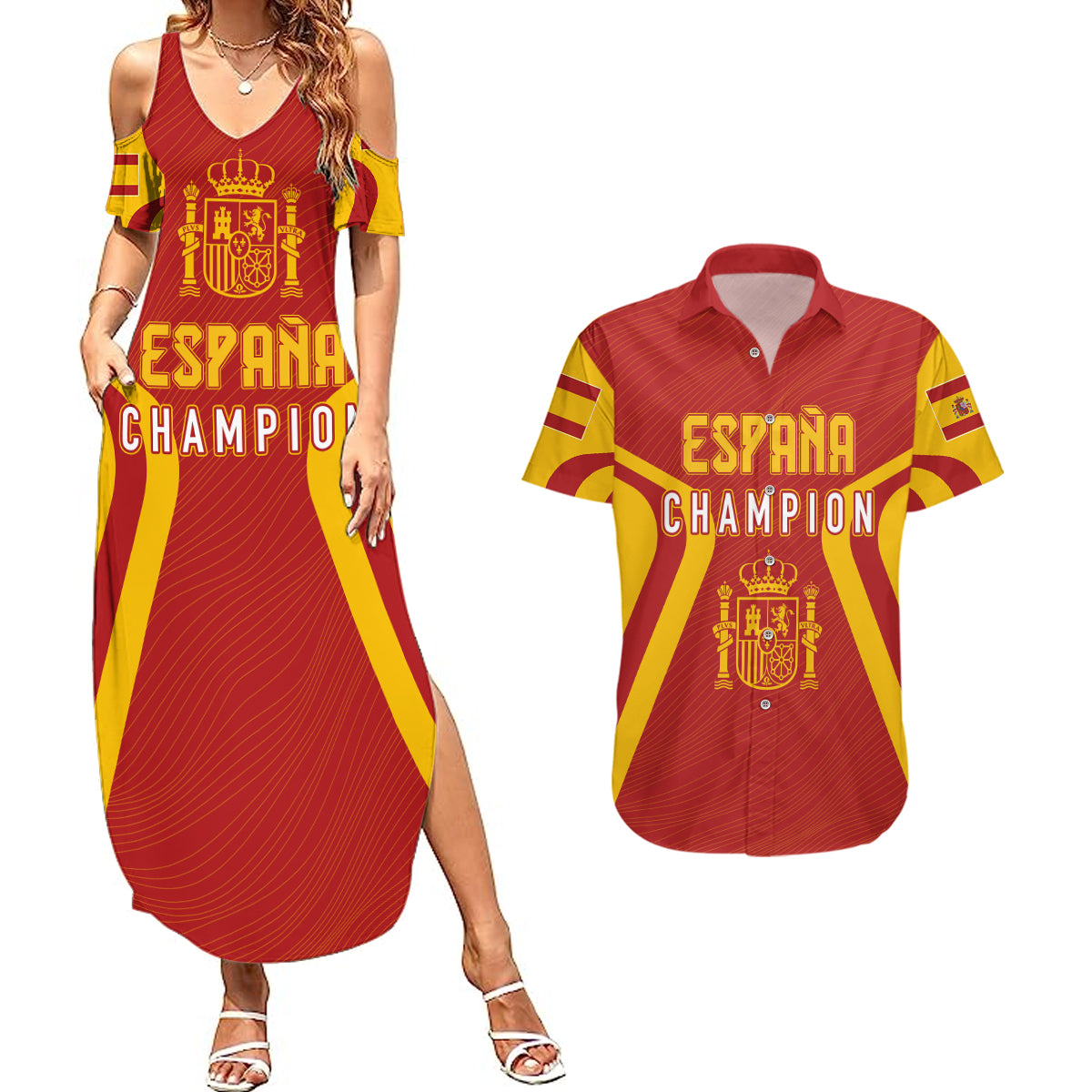 Personalised Spain Football Couples Matching Summer Maxi Dress and Hawaiian Shirt World Cup Campeona 2023 La Roja LT7 - Wonder Print Shop