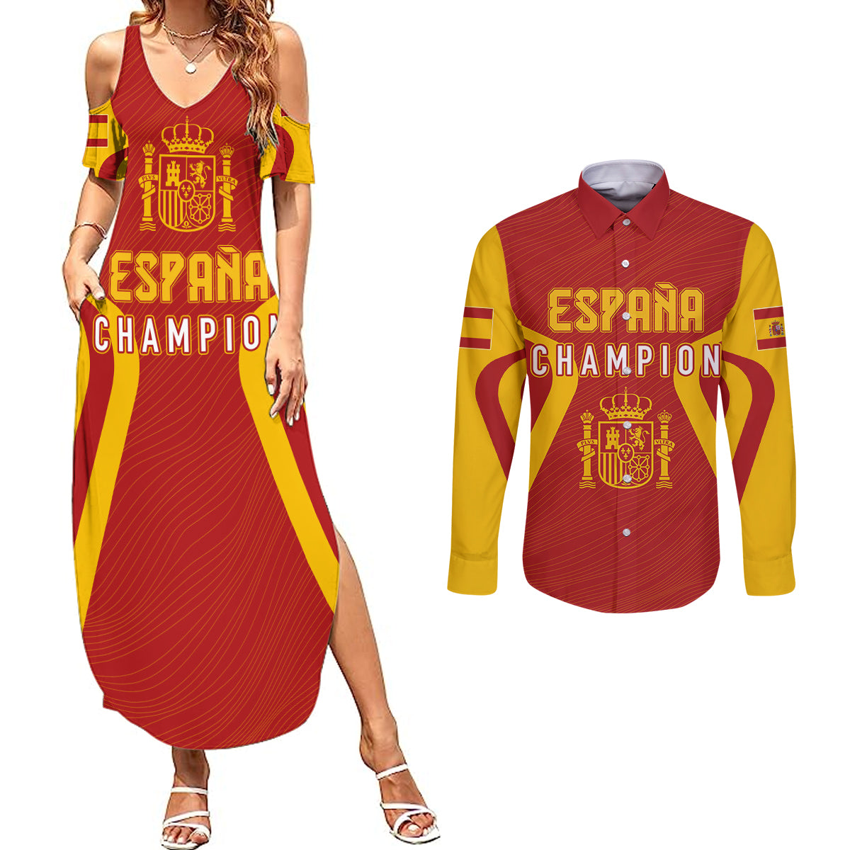 Personalised Spain Football Couples Matching Summer Maxi Dress and Long Sleeve Button Shirts World Cup Campeona 2023 La Roja LT7 - Wonder Print Shop