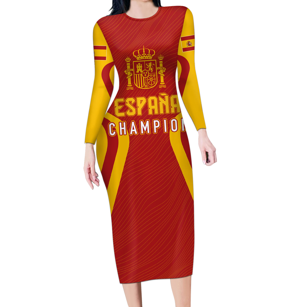 Personalised Spain Football Long Sleeve Bodycon Dress World Cup Campeona 2023 La Roja - Wonder Print Shop
