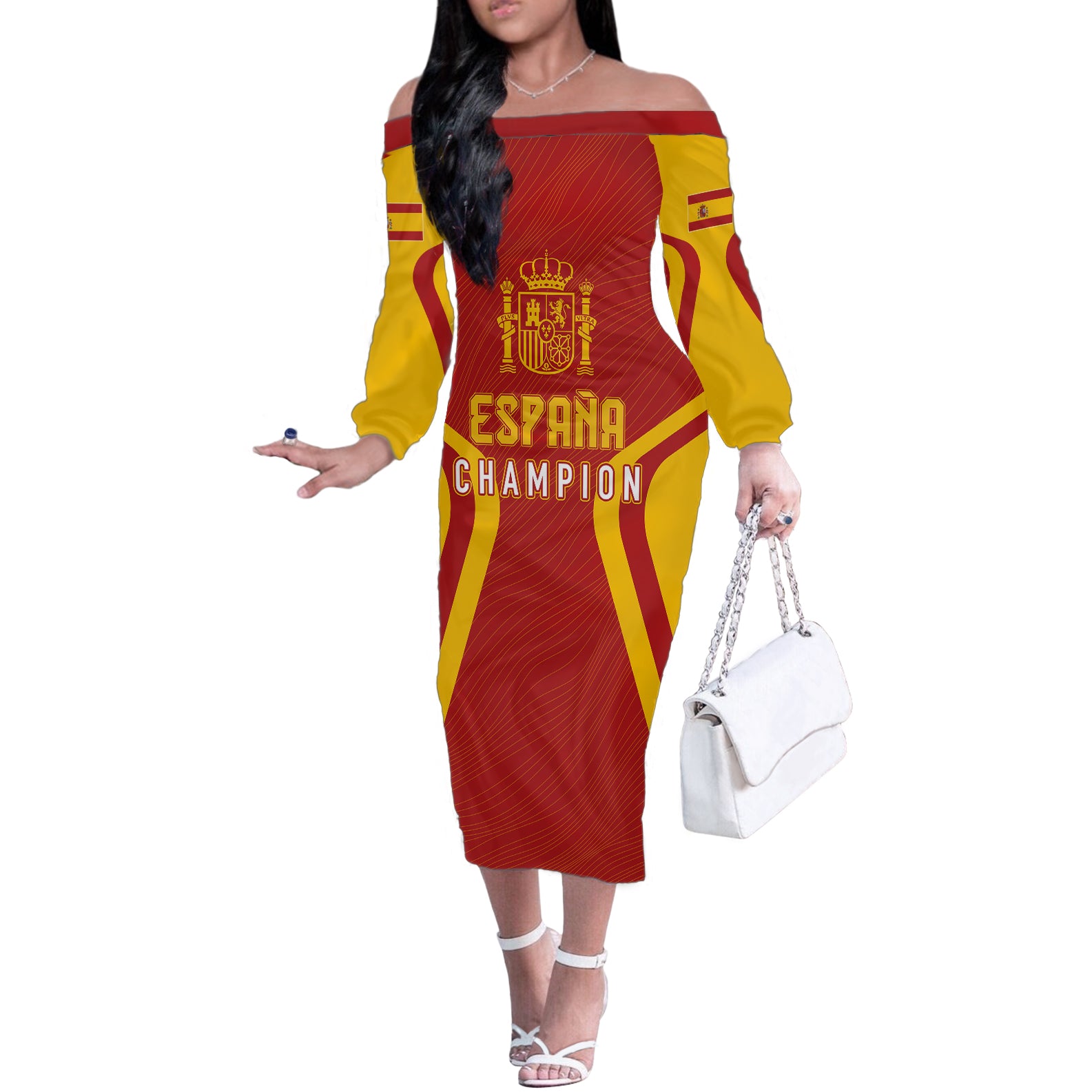 personalised-spain-football-off-the-shoulder-long-sleeve-dress-world-cup-campeona-2023-la-roja