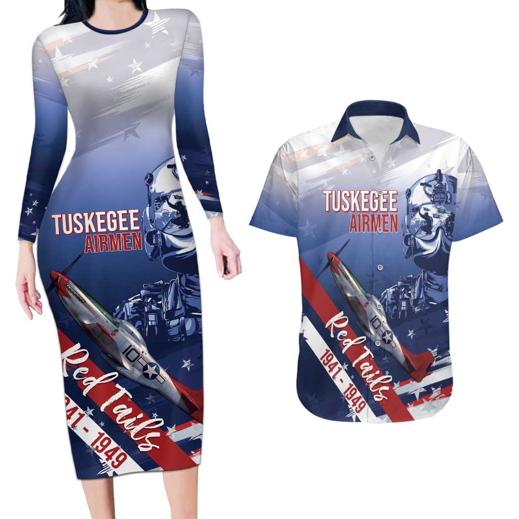 Tuskegee Airmen Red Tails Couples Matching Long Sleeve Bodycon Dress and Hawaiian Shirt Straighten Up and Fly Right - Blue White - Wonder Print Shop
