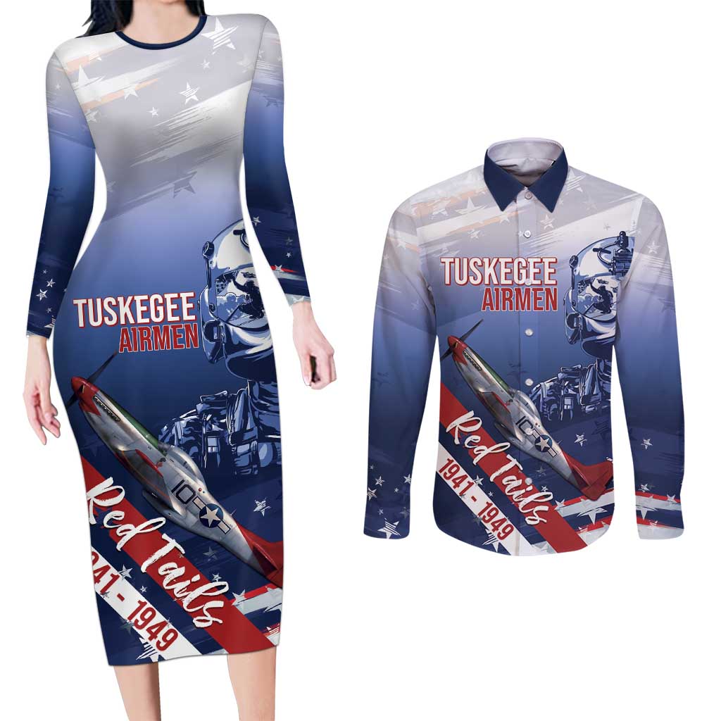 Tuskegee Airmen Red Tails Couples Matching Long Sleeve Bodycon Dress and Long Sleeve Button Shirt Straighten Up and Fly Right - Blue White - Wonder Print Shop