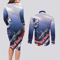 Tuskegee Airmen Red Tails Couples Matching Long Sleeve Bodycon Dress and Long Sleeve Button Shirt Straighten Up and Fly Right - Blue White - Wonder Print Shop