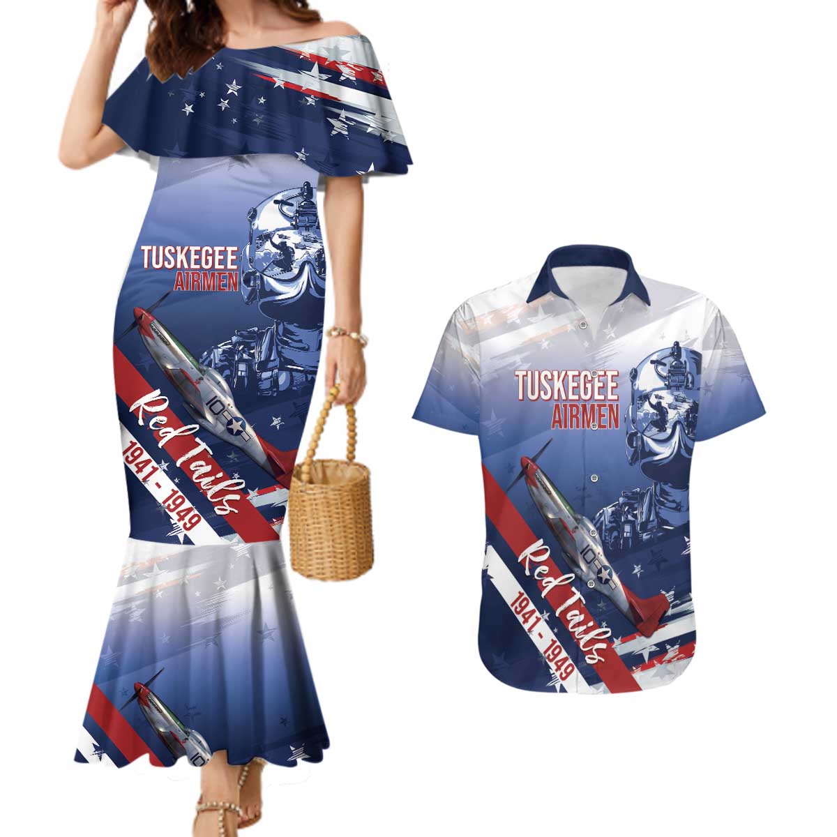 Tuskegee Airmen Red Tails Couples Matching Mermaid Dress and Hawaiian Shirt Straighten Up and Fly Right - Blue White - Wonder Print Shop