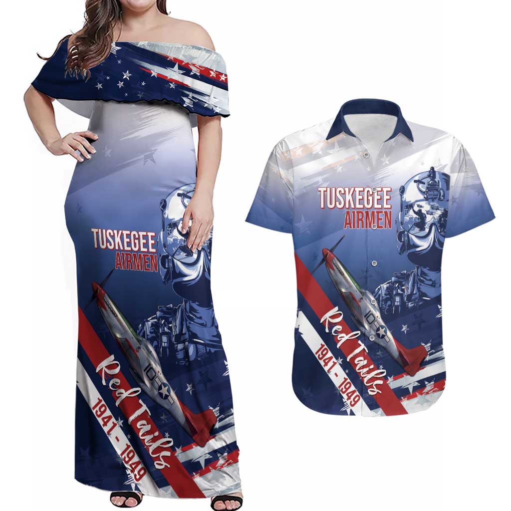 Tuskegee Airmen Red Tails Couples Matching Off Shoulder Maxi Dress and Hawaiian Shirt Straighten Up and Fly Right - Blue White - Wonder Print Shop